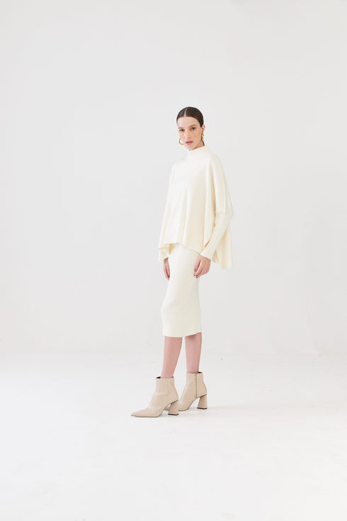 Saia Midi Reta Em Tricot Canelado Off White
